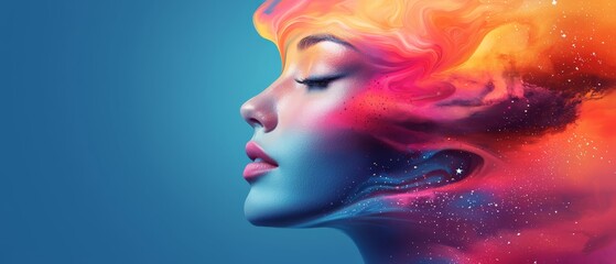  A woman with closed eyes, turned head, and blowing hair in the wind