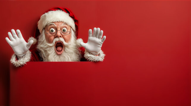 Santa claus with a surprised expression peeking out on a red christmas banner. Funny christmas concept greeting card with copy space for text.