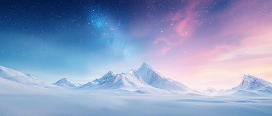  A mountain range, blanketed in snow, beneath a night sky studded with stars Above, a pink and blue star-filled sky glows brightly