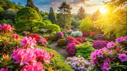 Vibrant Blooming Azaleia Flowers in Garden Landscape with Lush Green Foliage and Sunny Atmosphere