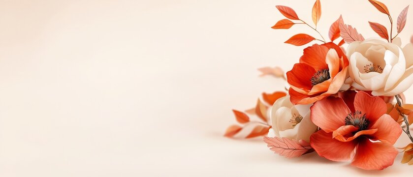 Fototapeta  A crisp white background showcases a vibrant bouquet of red and white flowers, providing an ideal space for text or image inscriptions on cards