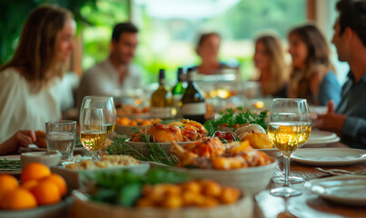Obraz premium Family gathering at dining table with festive meal, sharing Thanksgiving dinner or holiday feast, close-up of food and people celebrating together