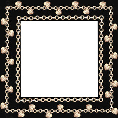 Square frame of gold chains and heart-shaped pendants. Isolated watercolor illustration for design, magazines, web pages, jewelry blogs, sales, pawn shops