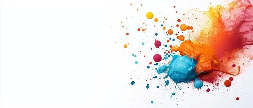  Multicolor paint splatteres against a pristine white backdrop, inviting text or image insertion