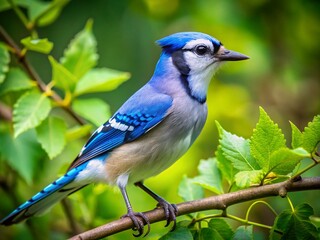 Obraz premium Vibrant Blue Jay Perched Gracefully on a Branch Surrounded by Lush Green Foliage in Nature's Beauty