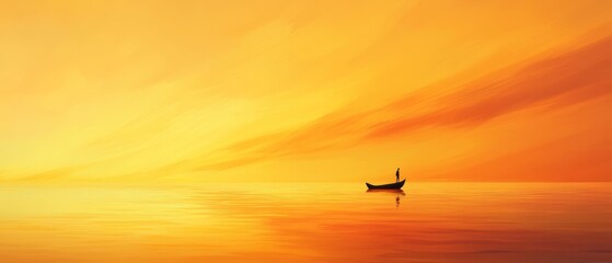 Fototapeta premium A person in a boat on a body of water at sunset - the sky serves as the backdrop