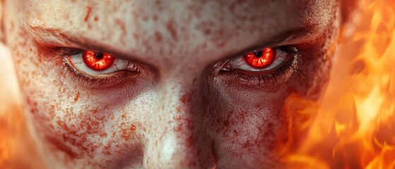 Naklejka premium A tight shot of a human face, featuring red eyes and a fiery ball at its core