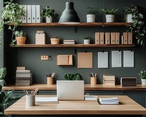 Wide angle shot of a stationary shop with shelves filled with office supplies, folders, and books for workplace organization