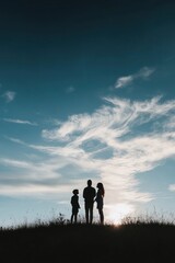 Fototapeta premium Silhouettes of three people against a sunset sky with clouds.