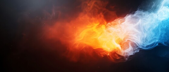 Fototapeta premium Blue-orange fire close-up against black backdrop, smoke ascending from top