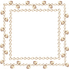 Decorative frame of gold chains and heart-shaped pendant. Isolated watercolor illustration for design, magazines, web pages, jewelry blogs, sales, pawn shops