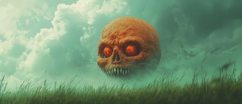  A skull centered in a grassy field, surrounded by waving blades Behind it, an expansive backdrop of rolling clouds