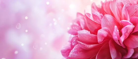  A tight shot of a pink flower, dewdrops adorning its petals, backdrop softly blurred