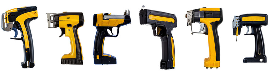 Fototapeta premium Staple gun, isolated on transparent background, centered product photo, black and yellow, generative ai