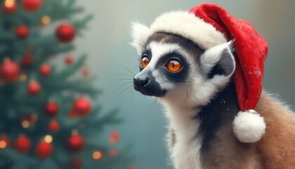 Fototapeta premium Photorealistic illustration of lemur with Christmas cap on a Christmas background looking in camera, only top of body, detailed
