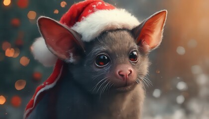Photorealistic illustration of bat with Christmas cap on a Christmas background looking in camera, only top of body, detailed