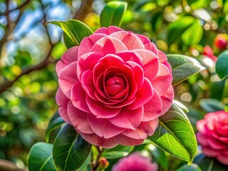 Vibrant Camellia Blossom with Soft Green Leaves in a Natural Garden Setting During Springtime Sunshine