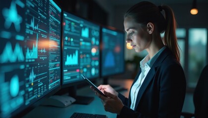 Businesswoman Analyzing Data on Multiple Screens, Night Work, Stock Market, Fintech, Data Analysis Concept