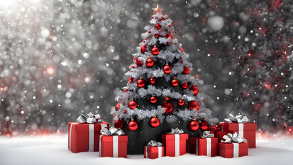Christmas gifts wrapped in red and black under a snow dusted tree. generative ai.
