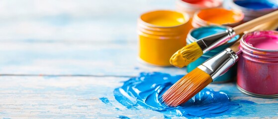 Fototapeta premium A tight shot of paint and brushes atop a weathered table, blue hues adorning the bristles