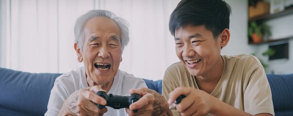 Happy Grandfather and Grandson Playing Video Games Together