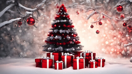 Christmas gifts wrapped in red and black under a snow dusted tree. generative ai.