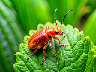 Vibrant Carrot Beetle Crawling on Green Leaves in a Natural Habitat Under Bright Daylight Conditions