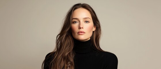 Naklejka premium A woman in a black turtleneck tops her look, her long brown hair framing her face; hands on hips, she strikes a pose for the camera