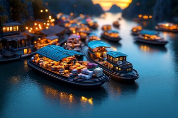 Obraz premium Hyper-realistic image of a floating market at dawn, with the soft light reflecting off the water, illuminating the boats and their goods with incredible clarity and realism