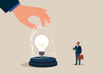 Hand trying to get a light bulb. Difficulty prevent from improvement or success. Creativity to help see business opportunity, vision to discover new solution or idea, curiosity. Vector illustration
