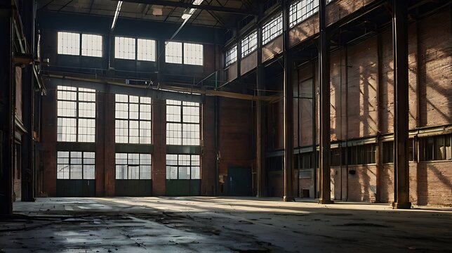 A gritty shot of an old, weathered factory or industrial warehouse with exposed brick, large windows
