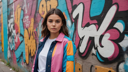 Fototapeta premium Confident Young Woman in Retro Streetwear Posing Against Vibrant Urban Graffiti Wall for Gen Z Fashion