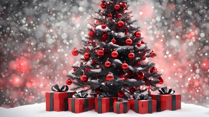 Christmas gifts wrapped in red and black under a snow dusted tree. generative ai.