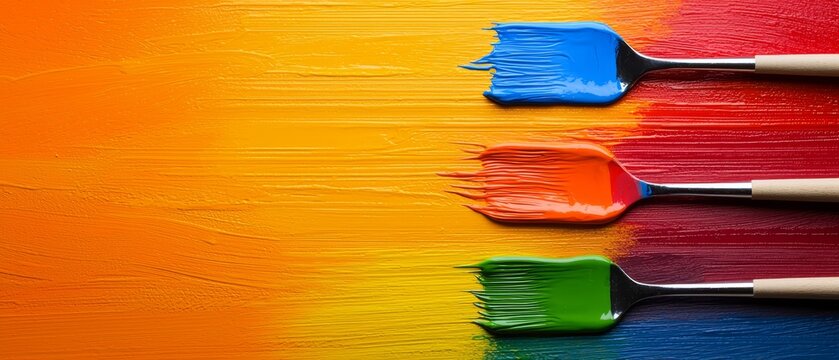  Three brushers bearing distinct hues of paint sit atop a varied, multi-hued canvas, each boasting diverse shades