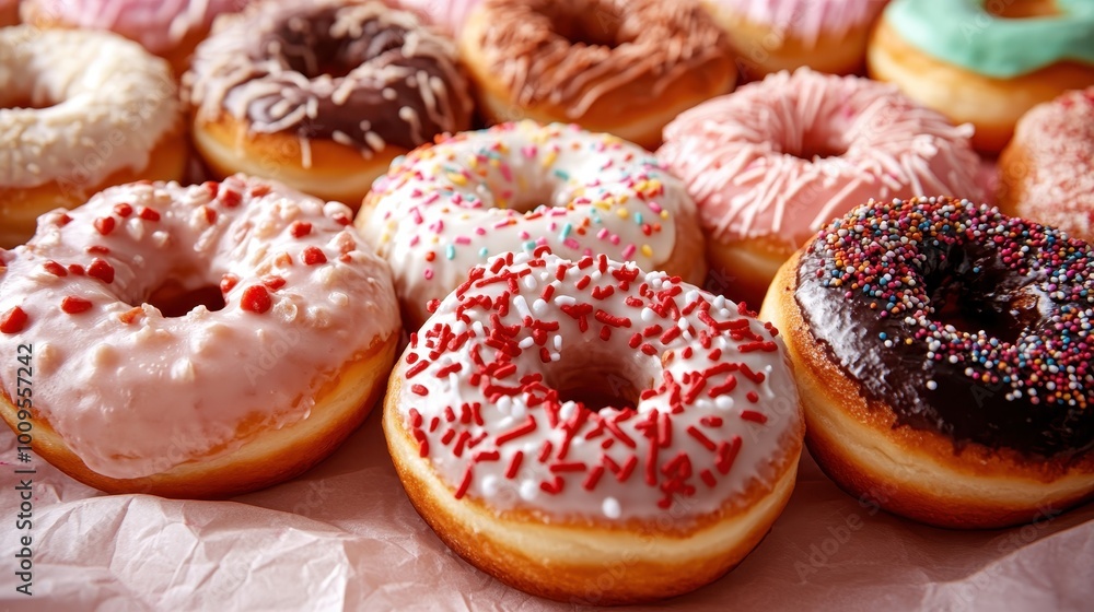 Poster an array of delicious donuts featuring diverse toppings including sprinkles and colorful icing, idea