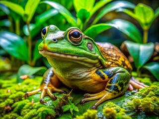 Fototapeta premium Vibrant Chinese Bullfrog Among Lush Greenery in Natural Habitat, Showcasing Unique Features and Colors