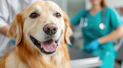 A cheerful golden retriever undergoes a routine check-up at an animal clinic, exemplifying trust and bonds in pet healthcare scenarios with veterinarians.