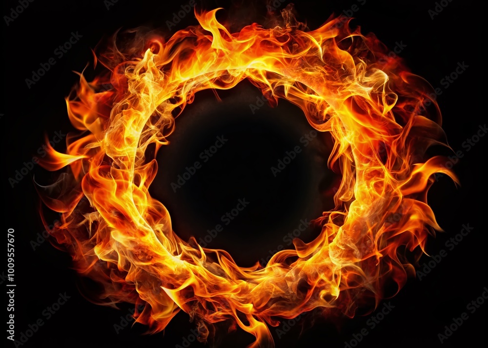 Poster vibrant circular border design with fiery flames for dynamic background and creative projects