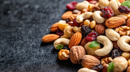 A vibrant collection of almonds, cashews, walnuts, and dried berries spread on a dark background, emphasizing healthy snacks and natural nutrition diversity.