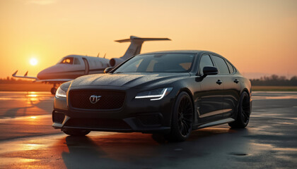 Fototapeta premium Luxury Car at Sunset; Private Jet, Business Travel, Success, Wealth