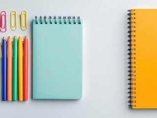 Variety of colorful stationery items, including notebooks, pens, and paper clips, arranged neatly on a white desk
