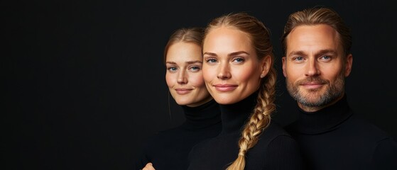 Naklejka premium Three individuals - a man and two women - stand next to one another They embrace each other, with the women having braided hair