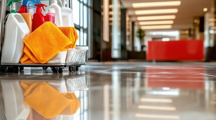 A set of cleaning supplies and bright orange towels on a wheeled cart in a spacious lobby, emphasizing cleanliness and readiness with sleek design elements.