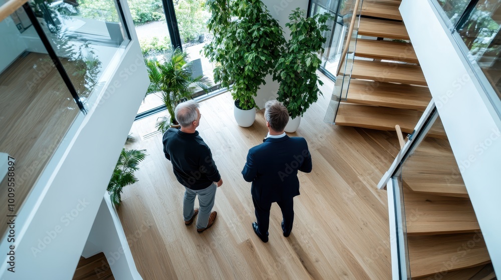 Wall mural Two men, one in a suit, view a modern office space with wooden flooring and large windows illustrating contemporary architectural elements and design.