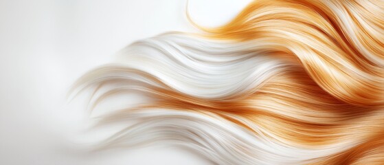  A tight shot of wavy, textured orange-white hair with light orange and white highlights against a pristine white backdrop
