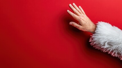 A close-up of a hand wearing a Santa sleeve placed against a bright red background, symbolizing holiday cheer and the festive spirit of Christmas time.