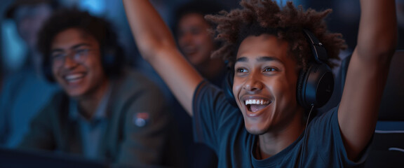 Joyful Gamer Winning eSports Tournament, Night, Victory Celebration