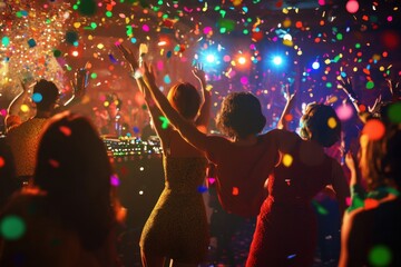 shot of a group dancing and celebrating at the disco club, with colorful lights and confetti flying in the air, creating an energetic atmosphere filled with music and excitement Generative AI