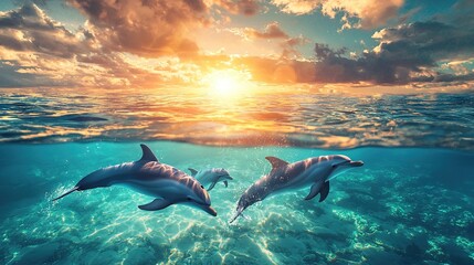 Fototapeta premium A few dolphins swim in a cloudy sky's body of water with the sun shining through