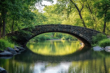 A serene stone bridge arching over a calm, reflective waterway surrounded by lush greenery.